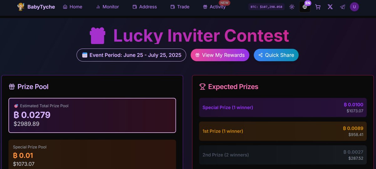 🎁 Tyche.run Lucky Inviter Contest is LIVE!

🏆 Total Prize Pool: ₿0.0279 (~$2990)
💰 1st Prize: ₿0.0089 (~$959)
🎯 Special Prize: ₿0.01 (~$1073)

✨ Invite friends, earn BTC &amp; win amazing prizes!
📅 Ends: July 25, 2025

Join now 👉 tyche.baby/activity