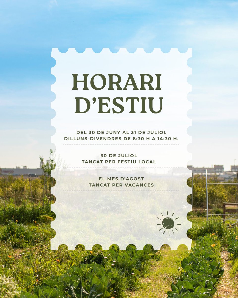 Bon dia! ☀️ A partir del dilluns que ve comencem horari d'estiu a la Fundació 😎

Durant tot el mes de juliol, ens trobareu al @museucomarcalhortasud de dilluns a divendres de 8:30 h. a 14:30 h. 

❗ I recordeu que durant el mes d'agost tanquem per vacances😊
