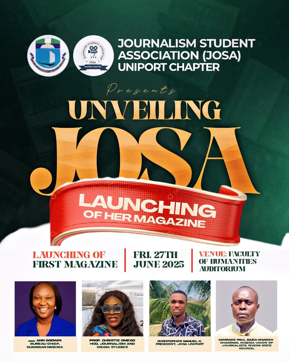 AnngodwinJ's tweet image. I am inspired to share that ,I will be speaking at University of PortHarcourt,particularly,to 'Journalism and Media Studies' students. I will be sharing insights on Journalism & the future, as well as,news room techniques.
The students will also launch their maiden edition Mag