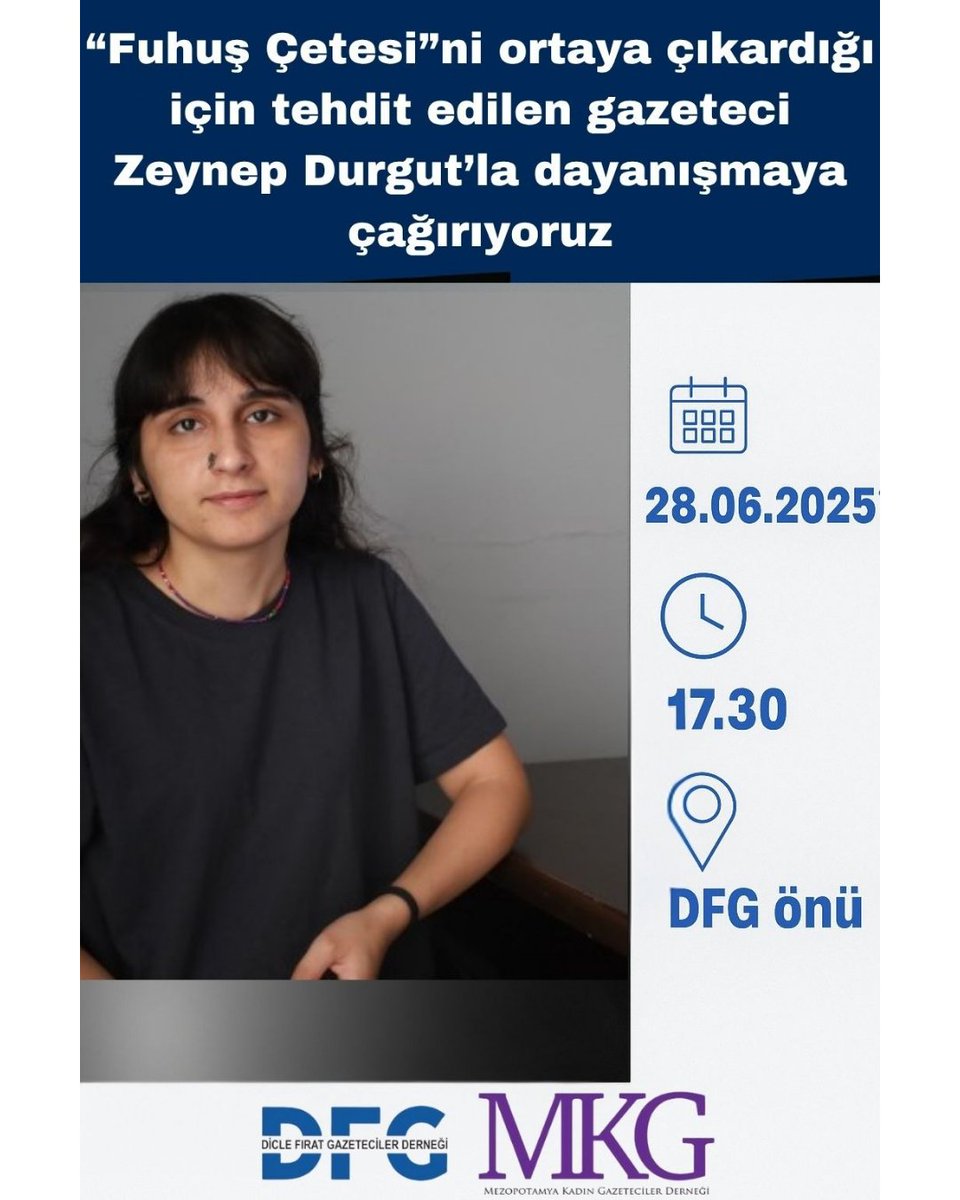 "Fuhuş Çetesi"ni ortaya çıkardığı için tehdit edilen Gazeteci Zeynep Durgut'la dayanışmaya çağırıyoruz

🗓️28.06.2025
⌚17.30
📍DFG Önü/Diyarbakır
