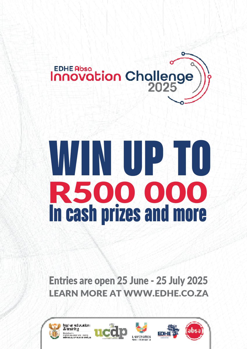 Entries for the EDHE Absa Innovation Challenge are now officially open.
 
We encourage interested participants to visit the EDHE website for full details and entry guidelines:
🔗 edhe.co.za/edhe-absa-inno…
 
#DUT #EDHEChallenge #EDHE2025