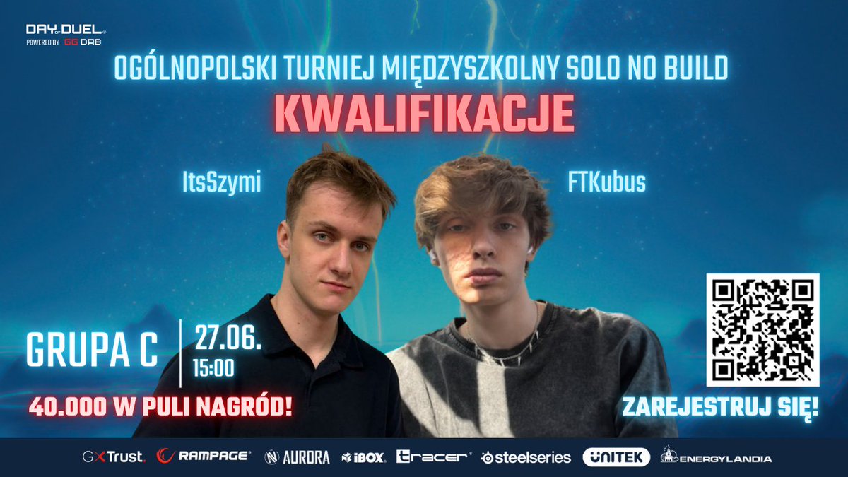 🎮 Gotowi na kolejną dawkę emocji z Ogólnopolskiego Turnieju Międzyszkolnego Solo No Build?

Dziś o 15:00 ruszają kwalifikacje Grupy C, a transmisję poprowadzi duet jak żaden inny: <a href="/ItsSzymi/">Szymek</a>  i <a href="/ftkubus/">Jakub</a>! 🔥
Możecie spodziewać się masy śmiechu, świetnego komentarza i pełnego