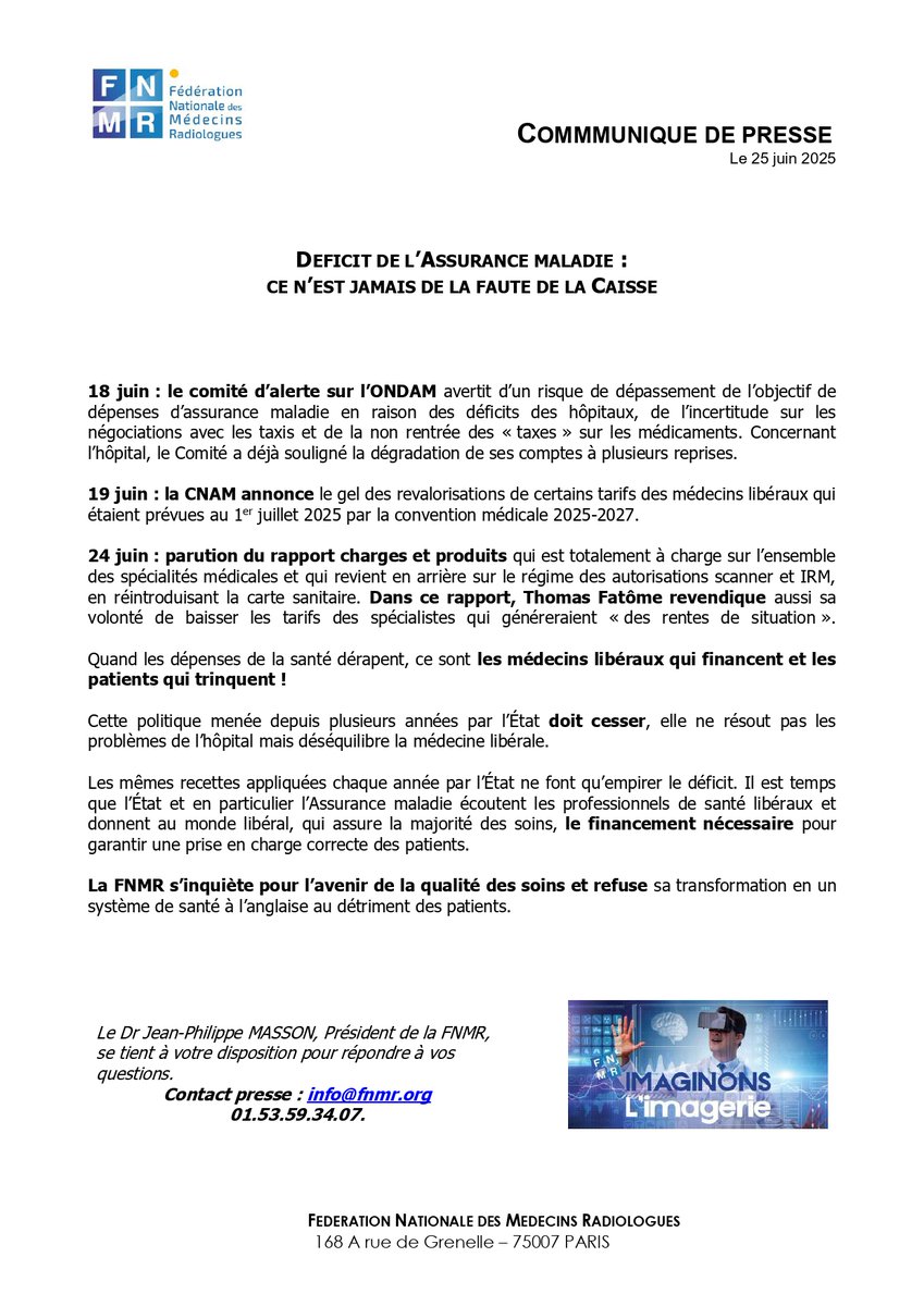 🚨 Communiqué de la FNMR : "Déficit de l'Assurance maladie: ce n'est jamais de la faute de la Caisse"

Les mêmes recettes appliquées chaque année par l’État ne font qu’empirer le  déficit. Il est temps que l’État et en particulier l’Assurance maladie  écoutent les professionnels
