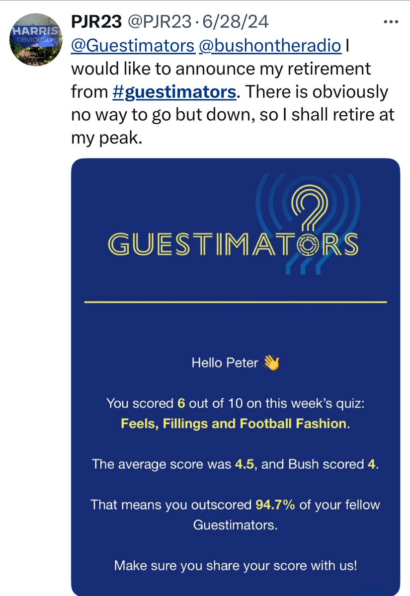 PJR23's tweet image. 52 weeks ago, I recorded my highest ever @Guestimators score and beat @bushontheradio by two points. Today, I recorded my highest ever @Guestimators score and beat @bushontheradio by two points. I expect I’ll be hearing “I Got You Babe” on the radio in the morning…