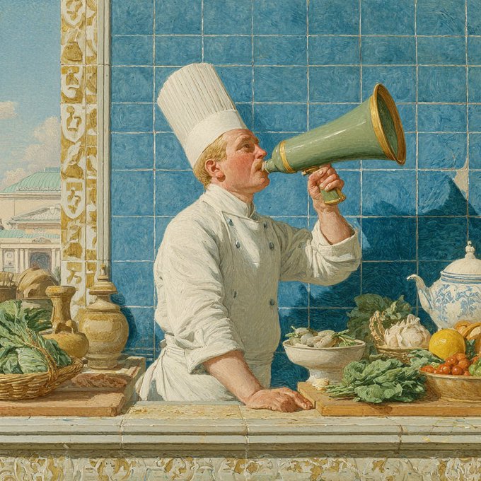A chef with a megaphone in a kitchen, symbolizing loud staking advice