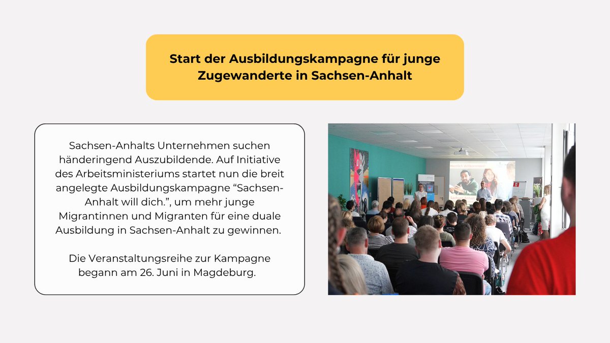 Sozialministerium Sachsen-Anhalt (@soziales_st) on Twitter photo 💡Die #Ausbildungskampagne "<a href="/sachsenanhalt/">Sachsen-Anhalt</a> will dich.“ für junge Zugewanderte ist gestartet. So sollen 1.000 Jugendliche und ihre Familien gezielt angesprochen werden. Nach dem Auftakt in #Magdeburg geht es am 10. Juli weiter in #Dessau.🔗Alle Infos: lsaurl.de/kampagnemigrat… 💡Die #Ausbildungskampagne "<a href="/sachsenanhalt/">Sachsen-Anhalt</a> will dich.“ für junge Zugewanderte ist gestartet. So sollen 1.000 Jugendliche und ihre Familien gezielt angesprochen werden. Nach dem Auftakt in #Magdeburg geht es am 10. Juli weiter in #Dessau.🔗Alle Infos: lsaurl.de/kampagnemigrat…
