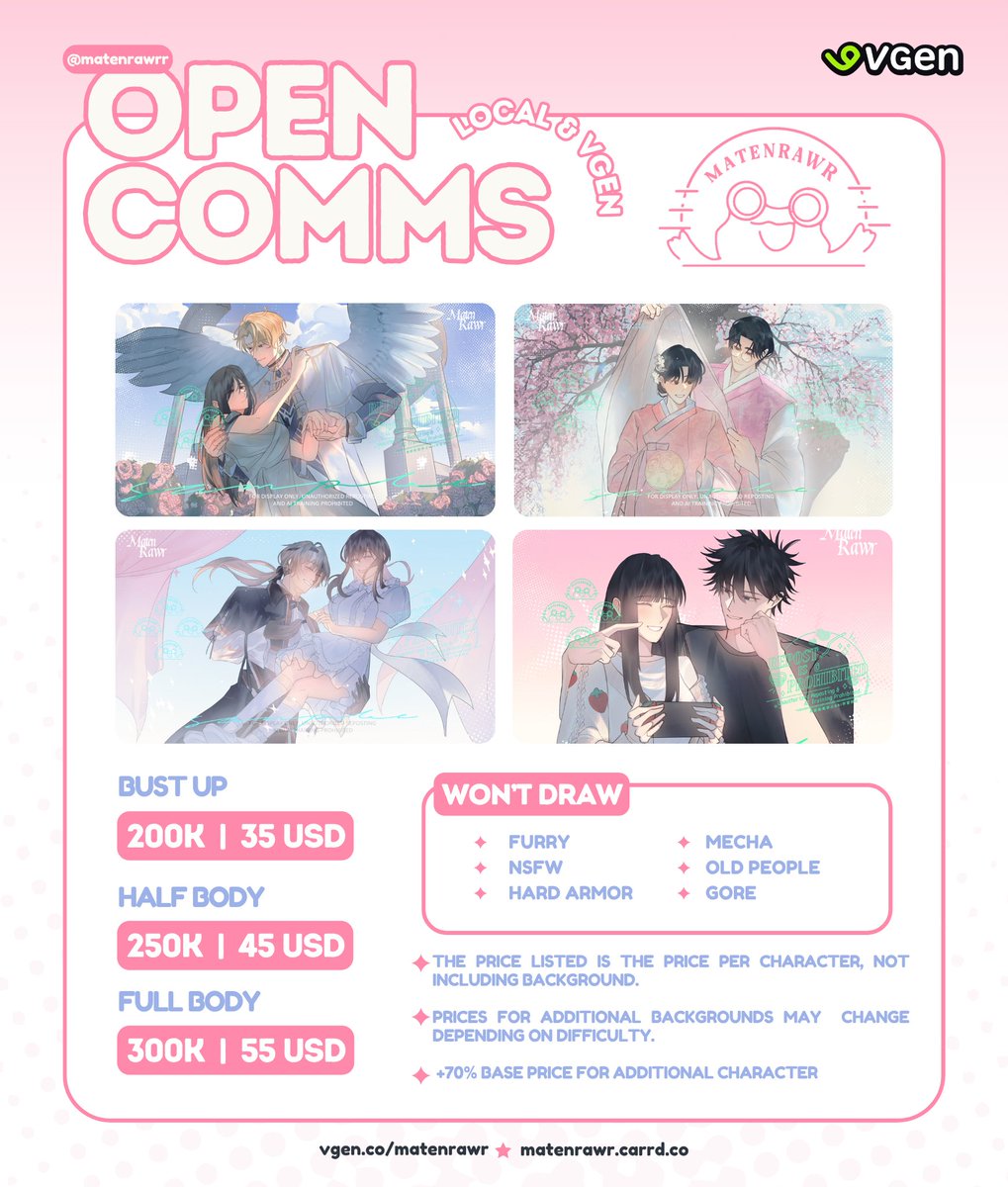 matenrawrr's tweet image. HI! Comms are open again! Accepting both local and vgen!💌 DM me if you&apos;d like to make a request! 
ദ്ദി 𝄐 ̫͡ 𝄐₎ thankyou!

vgen : vgen.co/matenrawr   
carrd : matenrawr.carrd.co 

#opencommission #VGenComm #VGenOpen