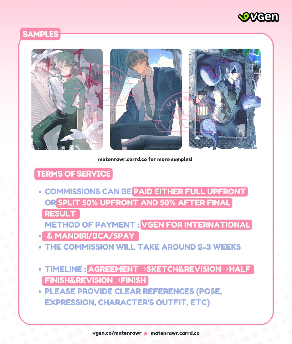 matenrawrr's tweet image. HI! Comms are open again! Accepting both local and vgen!💌 DM me if you&apos;d like to make a request! 
ദ്ദി 𝄐 ̫͡ 𝄐₎ thankyou!

vgen : vgen.co/matenrawr   
carrd : matenrawr.carrd.co 

#opencommission #VGenComm #VGenOpen