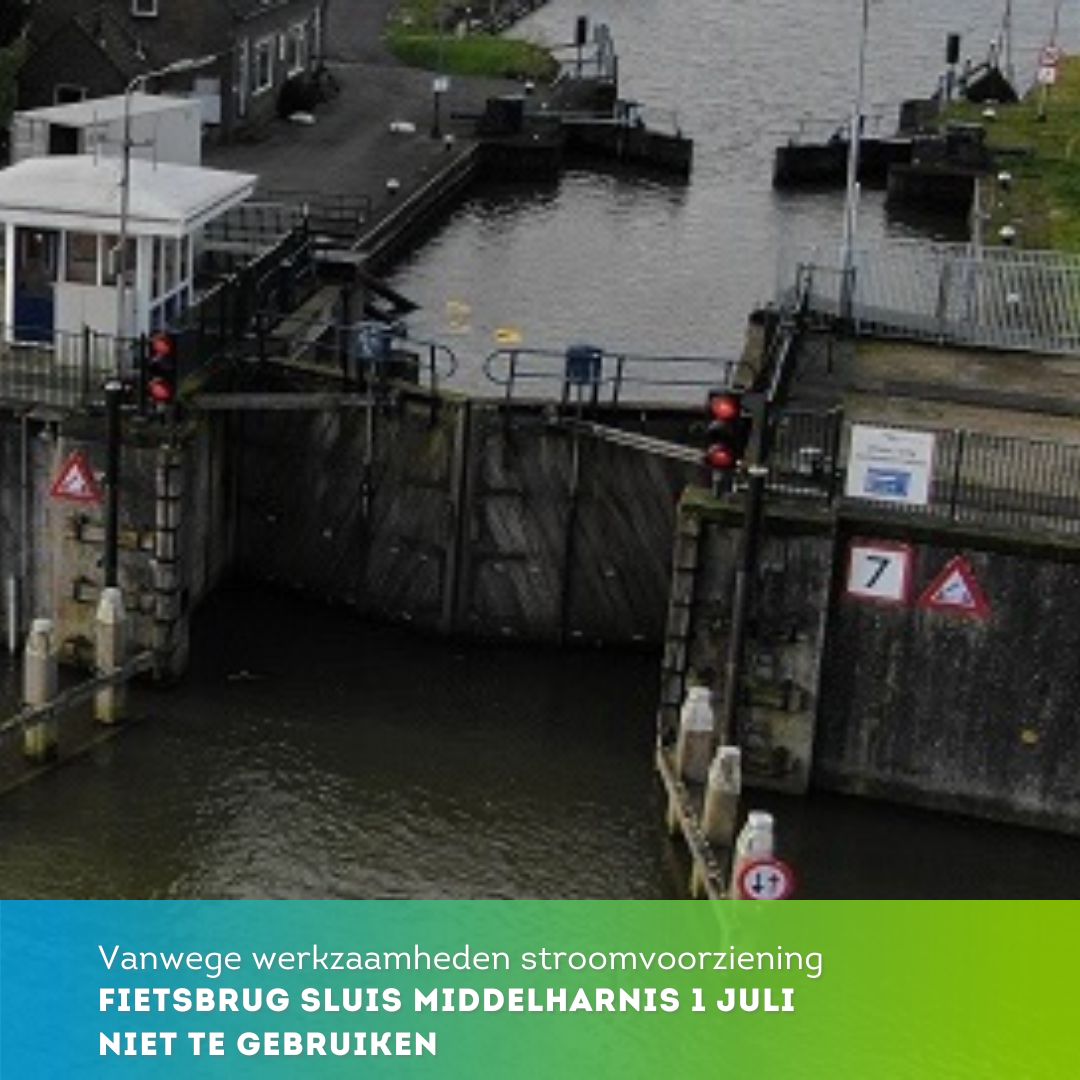 Vanwege werkzaamheden rond de stroomvoorziening is de fietsbrug bij de sluis in Middelharnis di 1 juli van 9.00 tot 16.00 uur niet te gebruiken. Het is in die periode niet mogelijk om vanaf de West Havendijk naar het Havenhoofd te gaan en vice versa. Excuses voor het ongemak!