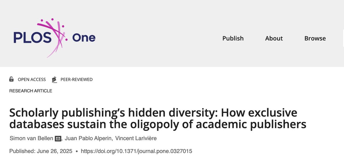 Scholarly Publishing’s Hidden Diversity (published <a href="/PLOSONE/">PLOS One</a>) reveals that the academic publishing oligopoly is under pressure from the rise of independent, OA publishers, signalling a shift toward greater scholarly plurality. doi.org/10.1371/journa…
#OpenAccess #Bibliodiversity