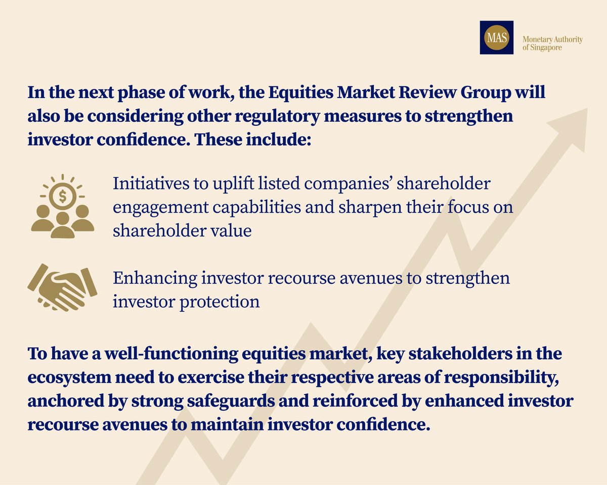 The Equities Market Review Group has recommended adopting a more pro-enterprise regulatory stance, alongside measures to strengthen investor confidence — streamlining the listing process, aligning with global standards, &amp; enhancing investor protection.

 mas.gov.sg/news/media-rel…