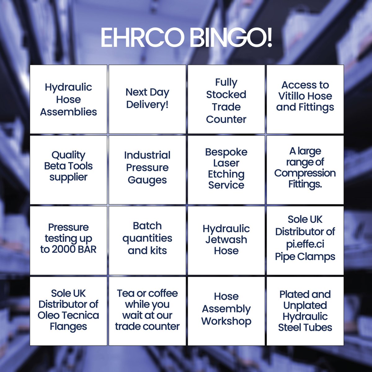 Call '𝐁𝐈𝐍𝐆𝐎' if you've taken advantage of any of these products and services from Ehrco. Give our team a call on 01384 245000 or fill out the enquiry form on our website to discover more. ⬇️

ehrco.co.uk/contact/

#NationalBingoDay #HydraulicHose #Services