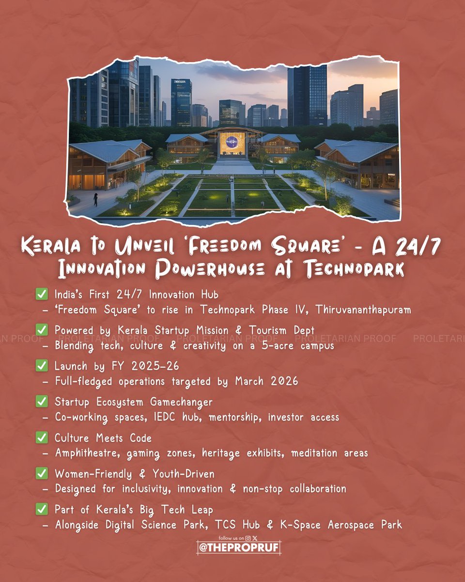 thepropruf's tweet photo. 🚀 Kerala gets its first 24x7 innovation hub‼️
Freedom Square is coming to Technopark Phase IV — where startups, students & ideas never sleep🌙💡
#KeralaInnovation #FreedomSquare #Technopark https://t.co/StO7HaRg60