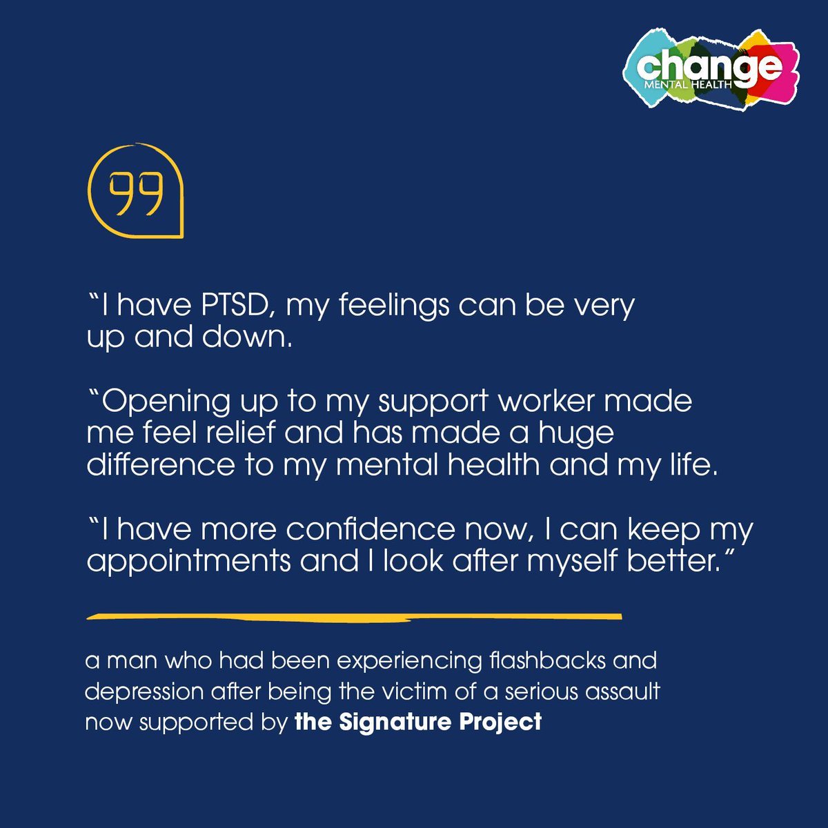 It’s the Signature Project’s 3rd birthday 🎉

Launched on PTSD Awareness Day, three years on, it’s still providing something many go without for far too long: a place to feel seen, heard and supported.  

Learn more about the Signature Project 👇
changemh.org/the-signature-…