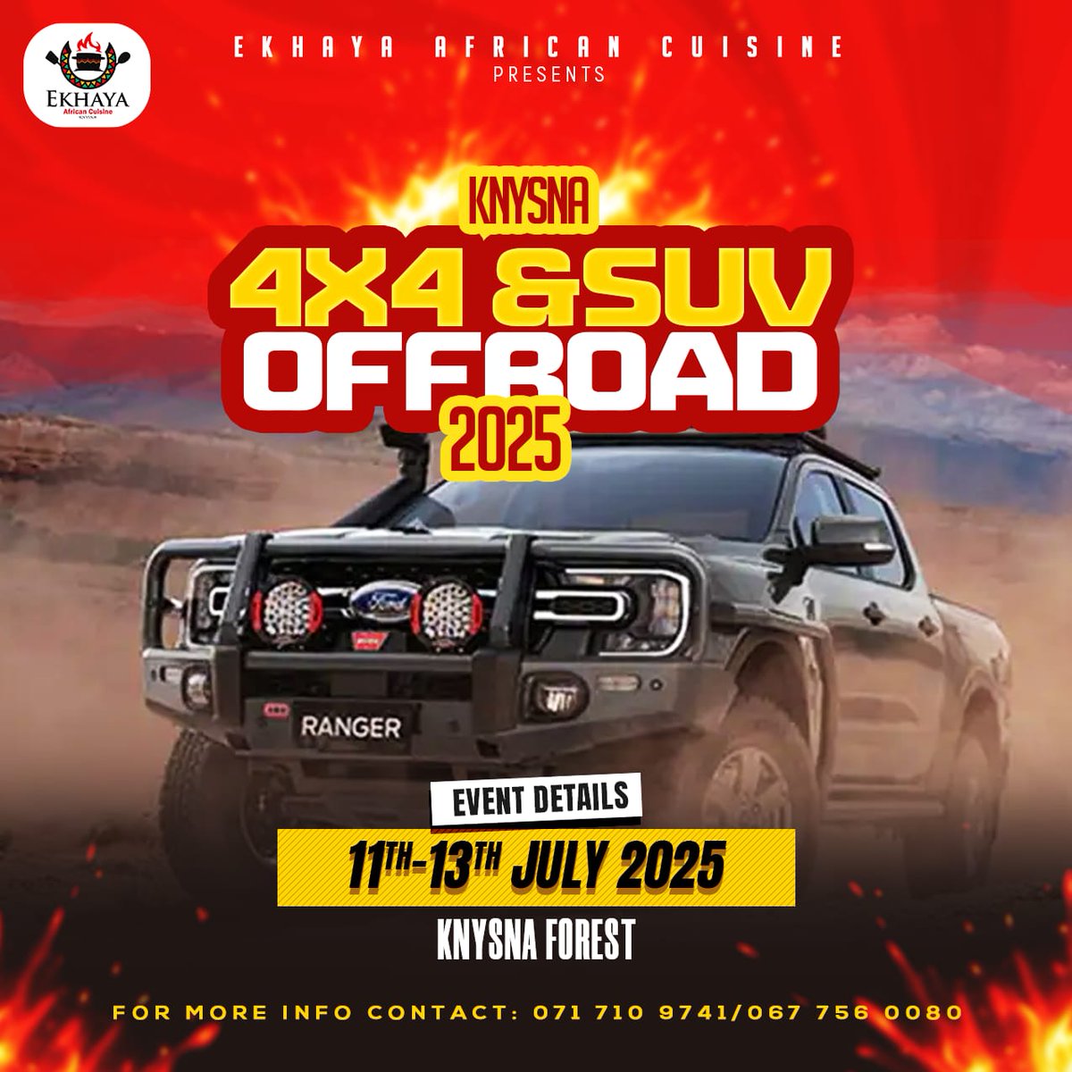 Knysna Oyster Festival (@oysterfestival) on Twitter photo 11th - 13th July.
Ekhaya African Cuisine will be hosting the Knysna 4×4 & SUV Off-Road Festival as a 3-day competition.
Daily: 8 am to 7 pm
Venue: Knysna Forest Experienced off-road enthusiasts only.
📞 Lulo +2771 710 9741
#comeoutofyourshell <a href="/Wesgro/">Wesgro - Cape Town & the Western Cape</a> <a href="/SANParks/">SANParks</a> <a href="/KnysnaMuni/">KnysnaMunicipality</a> 11th - 13th July.
Ekhaya African Cuisine will be hosting the Knysna 4×4 & SUV Off-Road Festival as a 3-day competition.
Daily: 8 am to 7 pm
Venue: Knysna Forest Experienced off-road enthusiasts only.
📞 Lulo +2771 710 9741
#comeoutofyourshell <a href="/Wesgro/">Wesgro - Cape Town & the Western Cape</a> <a href="/SANParks/">SANParks</a> <a href="/KnysnaMuni/">KnysnaMunicipality</a>