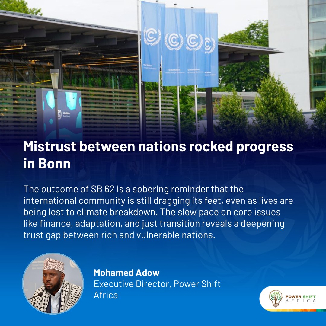 Power Shift Africa (@powershftafrica) on Twitter photo Mistrust, foot-dragging & procedural games rocked #SB62.
From climate finance to just transition, the gap between rich & vulnerable nations is growing and the cost is climate justice.
As <a href="/mohadow/">Mohamed Adow</a> puts it: āThe international community is still dragging its feet, even as lives Mistrust, foot-dragging & procedural games rocked #SB62.
From climate finance to just transition, the gap between rich & vulnerable nations is growing and the cost is climate justice.
As <a href="/mohadow/">Mohamed Adow</a> puts it: āThe international community is still dragging its feet, even as lives