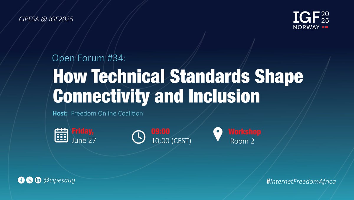 CIPESA (@cipesaug) on Twitter photo Final day of #IGF2025, there are standout sessions that will explore digital inclusion, rights & resilience.
How Technical Standards Shape Connectivity & Inclusion?
Hosted by Freedom Online Coalition <a href="/FO_Coalition/">Freedom Online Coalition</a>, this session tackles the exclusion of Global Majority voices Final day of #IGF2025, there are standout sessions that will explore digital inclusion, rights & resilience.
How Technical Standards Shape Connectivity & Inclusion?
Hosted by Freedom Online Coalition <a href="/FO_Coalition/">Freedom Online Coalition</a>, this session tackles the exclusion of Global Majority voices