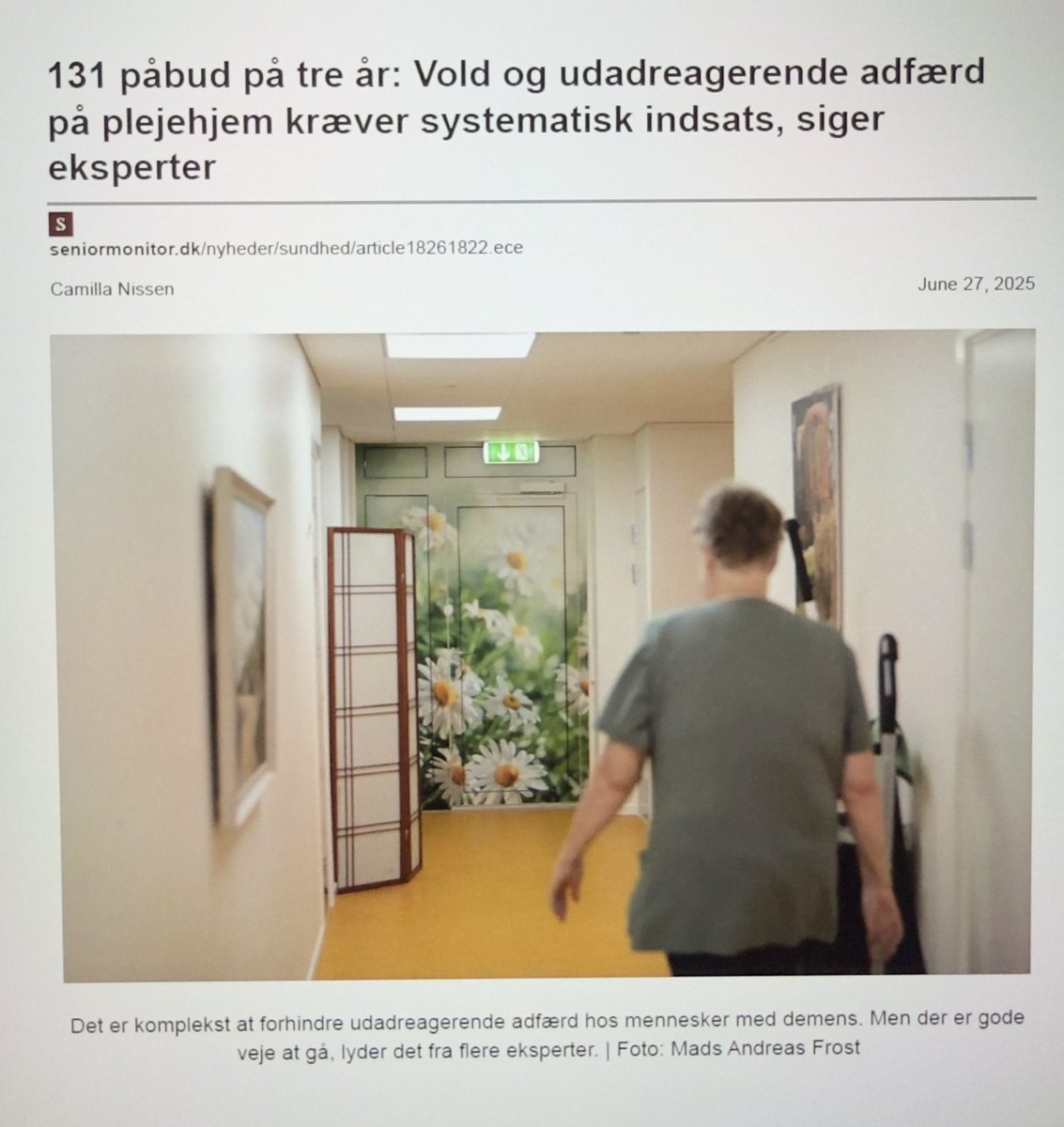 Jeg får det helt dårligt når jeg læser denne artikel. 131 påbud på 2 år på landets plejehjem hvor der er ydet vold imod de ansatte. 
Der er så meget viden om demens, afsat rigtig mange penge til at forebygge udadreagerende adfærd. 
Ville være dejligt at det blev et krav at der