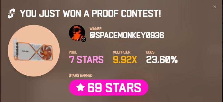 What a nice multiplier ! I just won 69 stars in the Succinct Stage 2 Proof Contest! Prove with us <a href="/SuccinctLabs/">Succinct</a> #ProveWithUs