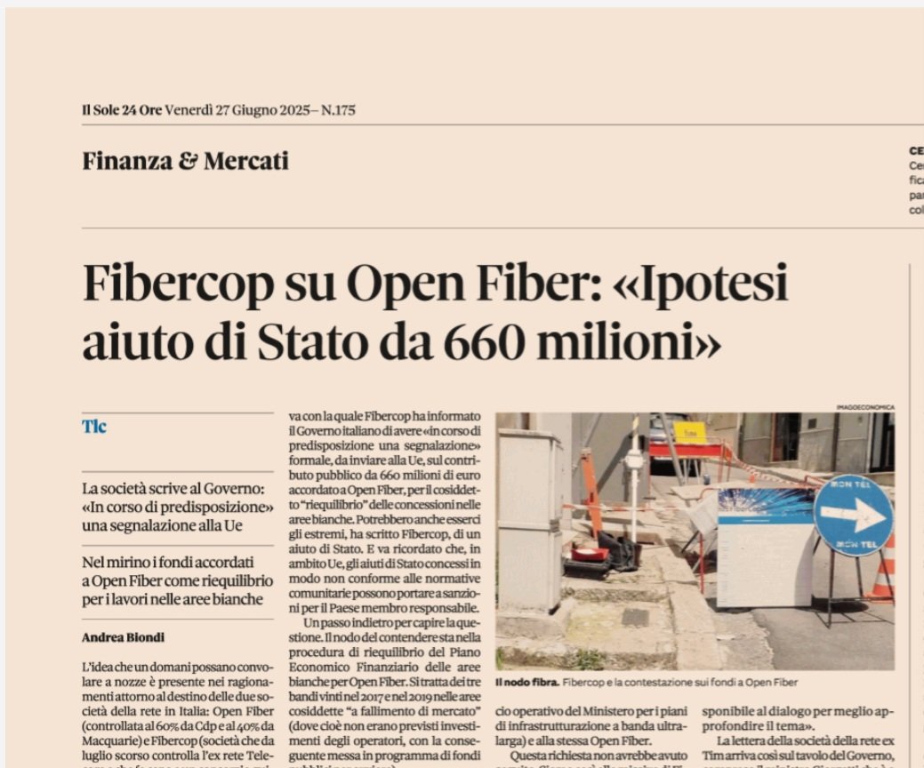Andrea Biondi (@an_bion) on Twitter photo La lettera di #Fibercop, partecipata anche dal Tesoro, al Governo: potrebbe rivolgersi alla UE lamentando aiuti di Stato per i 660 milioni di riequilibrio Pef accordati a #OpenFiber. Oggi sul <a href="/sole24ore/">IlSole24ORE</a> in #edicola #rassegnastampa #TLC La lettera di #Fibercop, partecipata anche dal Tesoro, al Governo: potrebbe rivolgersi alla UE lamentando aiuti di Stato per i 660 milioni di riequilibrio Pef accordati a #OpenFiber. Oggi sul <a href="/sole24ore/">IlSole24ORE</a> in #edicola #rassegnastampa #TLC