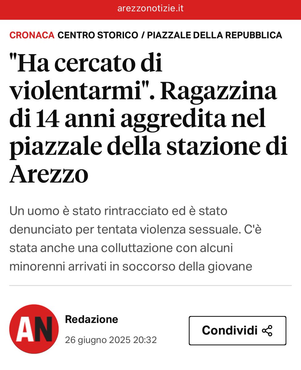 Ormai la remigrazione è l’unica soluzione per salvare la vita di tante ragazzine.

Arezzo, nel piazzale della stazione, una ragazzina di 14 anni è stata avvicinata, molestata e palpeggiata da un 28enne nordafricano.

A salvare la giovane, i suoi amici che hanno prontamente