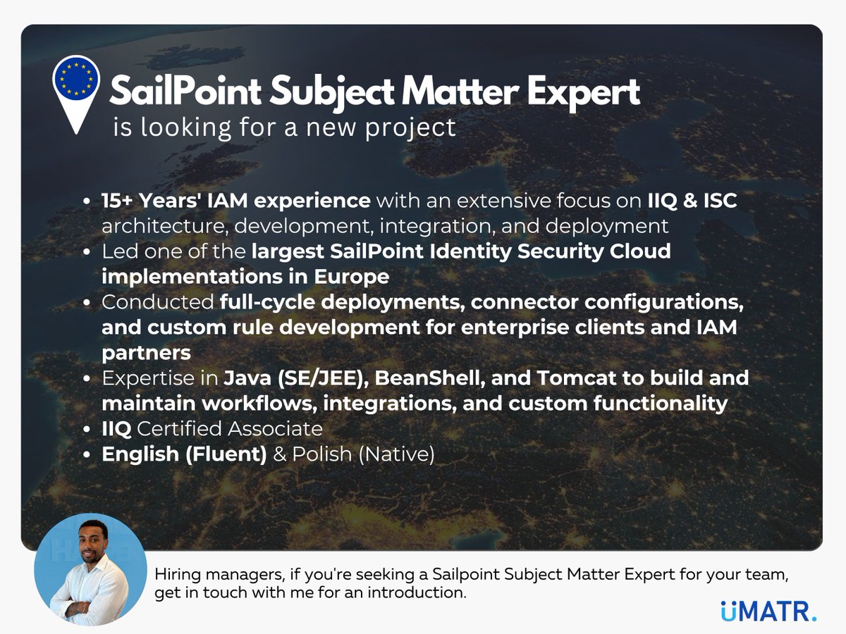 Looking for a SailPoint pro who wears multiple hats and cuts project costs? 💡

I’ve worked with this expert across multiple projects - always stellar results &amp; glowing references.

Need an identity architect for on-prem/cloud? DM me for an intro 🫡 #SailPoint #IAM #IGA