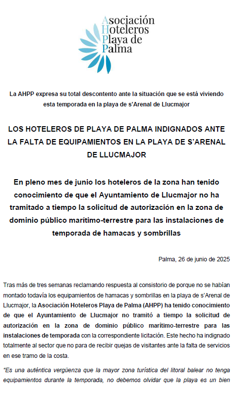 AHPlayadePalma's tweet photo. ‼️Compartimos la #NDP enviada en el día de ayer desde la #AHPP, en relación a la falta de equipamientos en la playa de s'Arenal de Llucmajor #PlayadePalma ⬇️ https://t.co/ZbzSZSueWm