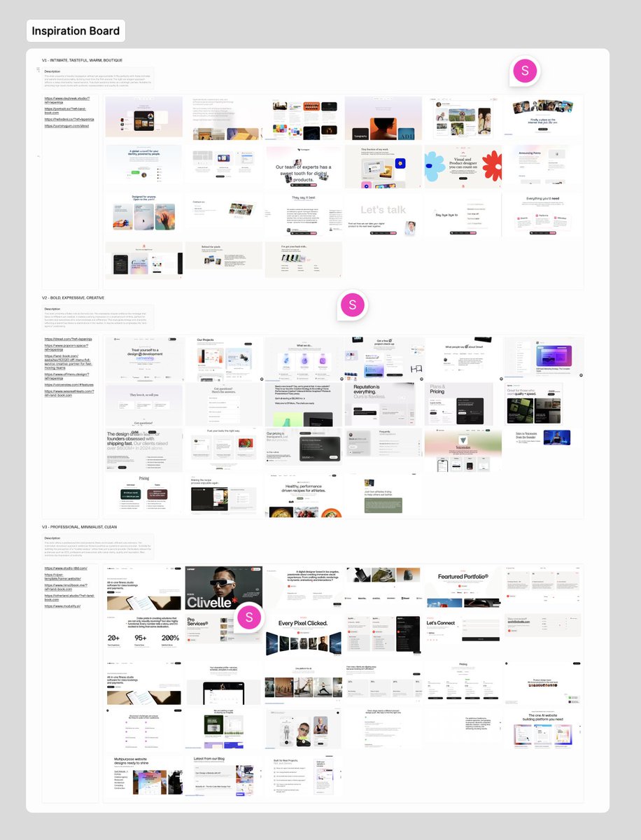 This is what we start every exploration from.

An inspiration board with 3 distinct visual directions.

This helps clients visualize different directions early on, before we dive into actual design work.

Saves countless hours down the line.