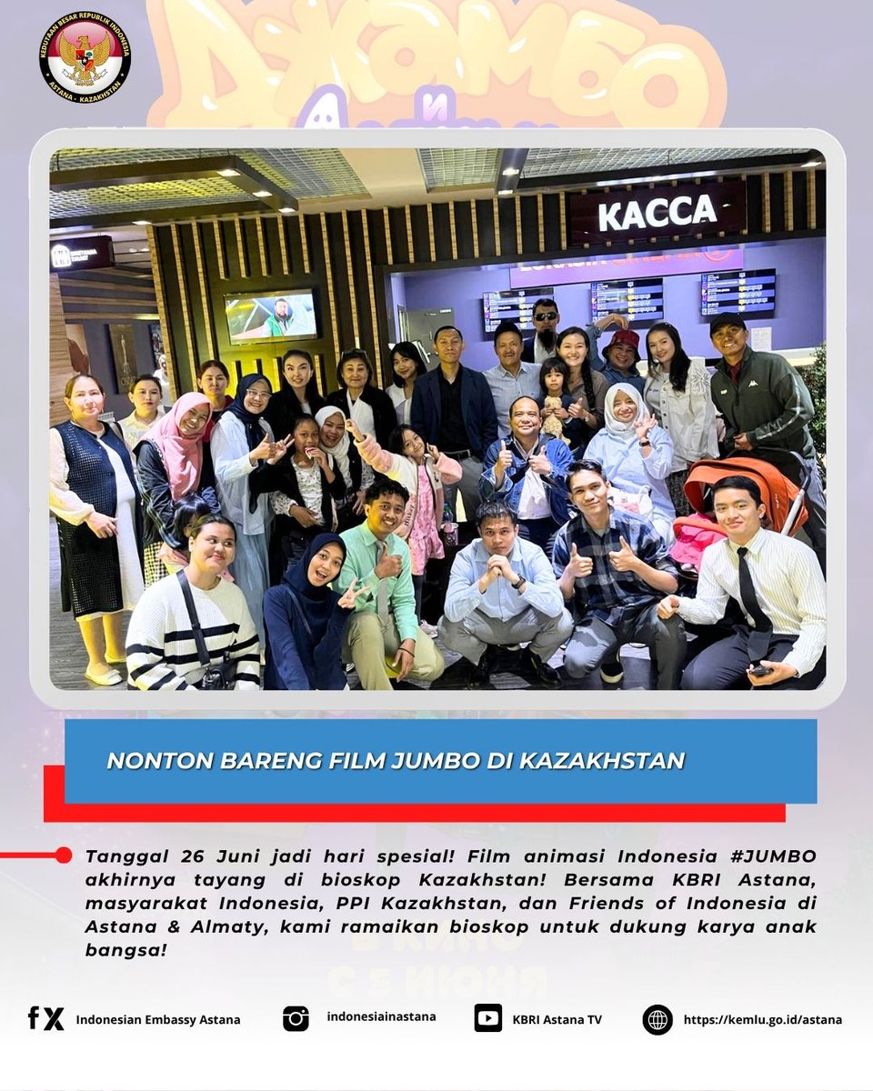 ✨ Halo dari Kazakhstan! 🎬

🎥 JUMBO bukan cuma film—tapi sejarah! Sebagai animasi Indonesia terlaris sepanjang masa (10 juta+ penonton!), kini ia hadir di 34 bioskop di Kazakhstan! Bukti bahwa cerita lokal bisa go international &amp; menyentuh hati dunia.

#inidiplomasi