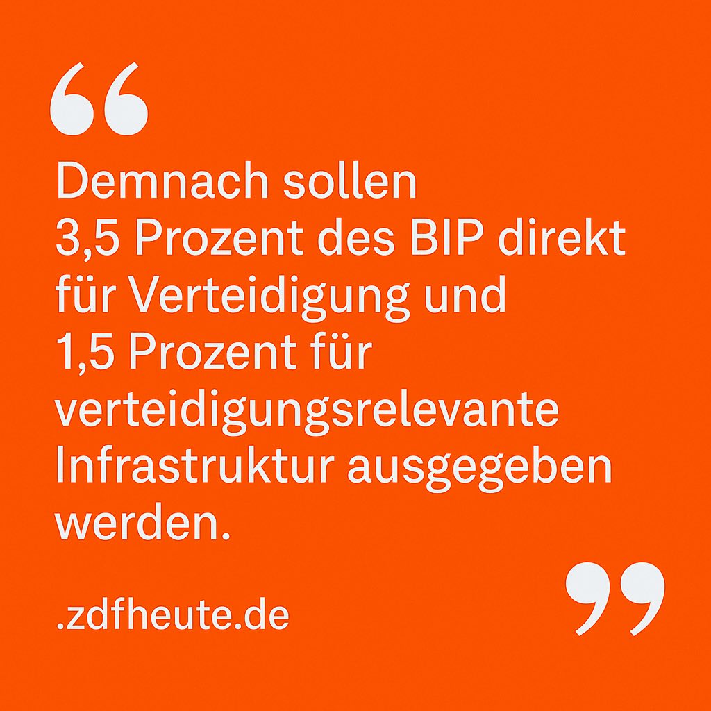 Nicht täuschen lassen: Das NATO-„5 %-Ziel“ ist weit mehr als 3,5 % Verteidigung + 1,5 % Brückenbau. ‼️

Viele Kommentatoren legen Wert auf die Formel „3,5 % + 1,5 %“ – um zu signalisieren: Die harte militärische Aufrüstung sei ja nur 3,5 % des BIP, der Rest betreffe zivil