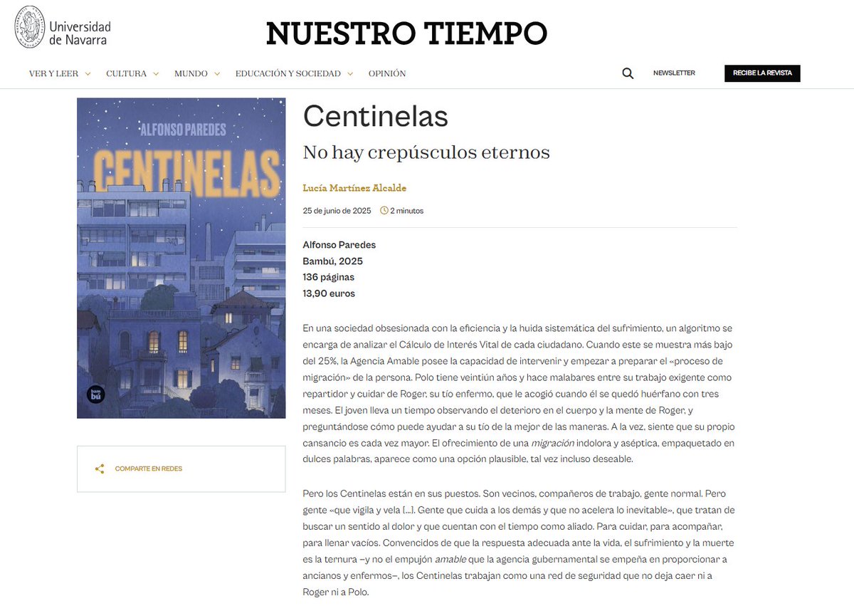EditorialCasals (@editorialcasals) on Twitter photo 💥"Alfonso Paredes se atreve ahora con una sencilla novela juvenil a medio camino entre la ficción distópica y la fábula para hablar del final de la vida"
📚CENTINELAS, de 🖊️<a href="/fonsoparedes/">Alfonso Paredes</a>, recomendado en 'Nuestro tiempo' de <a href="/NTunav/">Nuestro Tiempo</a>
nuestrotiempo.unav.edu/w/centinelas
#EditorialBambú 💥"Alfonso Paredes se atreve ahora con una sencilla novela juvenil a medio camino entre la ficción distópica y la fábula para hablar del final de la vida"
📚CENTINELAS, de 🖊️<a href="/fonsoparedes/">Alfonso Paredes</a>, recomendado en 'Nuestro tiempo' de <a href="/NTunav/">Nuestro Tiempo</a>
nuestrotiempo.unav.edu/w/centinelas
#EditorialBambú