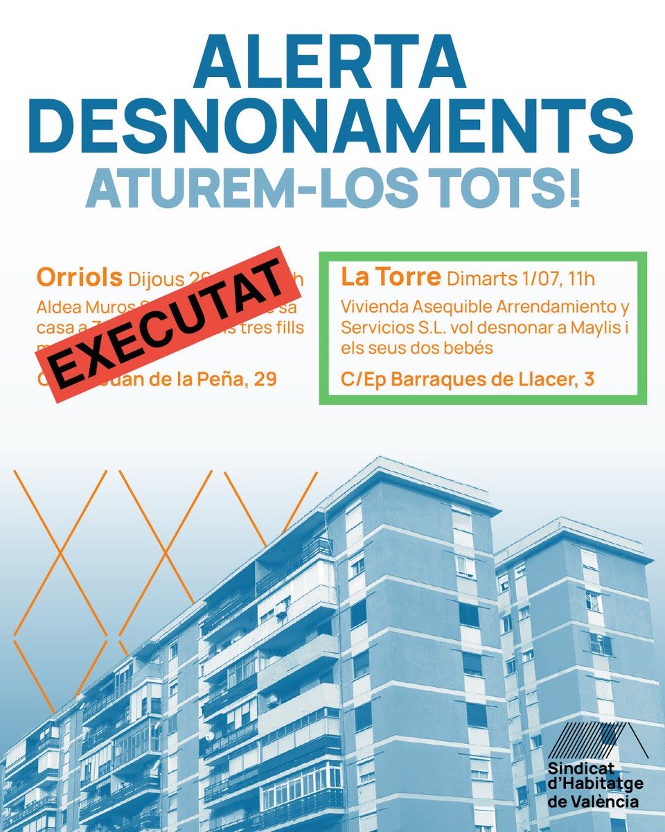 Sindicat d'Habitatge de València (@sdhvalencia) on Twitter photo ⚠️LA LLUITA NO S'HA ACABAT
Després del desnonament executat d'ahir, ens tornarem a trobar al barri La Torre. Inmocaixa, amb el beneplàcit de l'<a href="/AjuntamentVLC/">Ajuntament València</a>, vol desnonar a Maylis i als seus bebés.
Enfortim el sindicat per aturar tots els desnonaments! 💥 ⚠️LA LLUITA NO S'HA ACABAT
Després del desnonament executat d'ahir, ens tornarem a trobar al barri La Torre. Inmocaixa, amb el beneplàcit de l'<a href="/AjuntamentVLC/">Ajuntament València</a>, vol desnonar a Maylis i als seus bebés.
Enfortim el sindicat per aturar tots els desnonaments! 💥