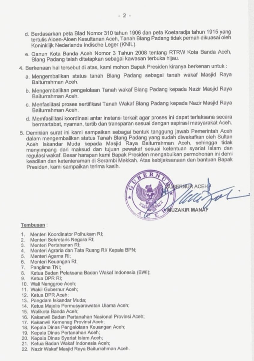 Mualem Surati @Prabowo, Minta tanah Waqaf Blang Padang di Kembalikan menjadi Aset Masjid Raya Baiturahman. 

📜 Asal-usul
Tanah ini diwakafkan oleh Sultan Iskandar Muda untuk Masjid Raya Baiturrahman, bukan milik Belanda atau negara. Fungsinya untuk mendukung kegiatan keagamaan.