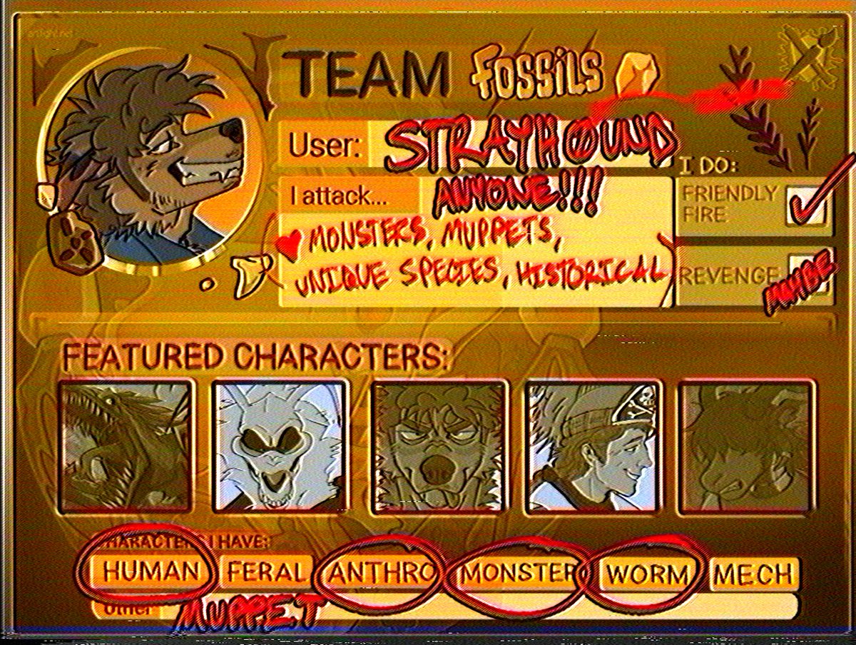 Still working on refs and designs, many profiles are still a WIP

#artfight #teamfossils 
&gt; artfight.net/~STRAYH0UND