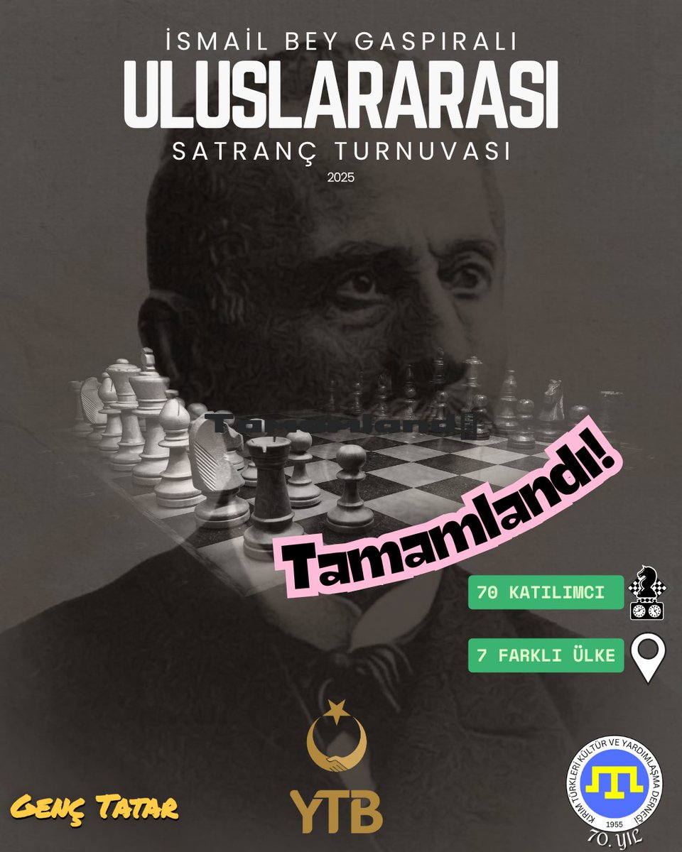 Genç Tatar (@genctatar42) on Twitter photo <a href="/yurtdisiturkler/">YTB</a> destekleri ve <a href="/kirimdernegi/">Kırım Derneği Crimean Association</a> ile beraber düzenlediğimiz İsmail Bey Gaspıralı Uluslararası Satranç Turnuvası - Haziran 2025 tamamlandı! ♟♟ Uluslararası düzenlenen turnuvamızda birbirinden çekişmeli maçlar yaşandı. 
♟♟ Detaylı bilgi için: rb.gy/coswzf <a href="/yurtdisiturkler/">YTB</a> destekleri ve <a href="/kirimdernegi/">Kırım Derneği Crimean Association</a> ile beraber düzenlediğimiz İsmail Bey Gaspıralı Uluslararası Satranç Turnuvası - Haziran 2025 tamamlandı! ♟♟ Uluslararası düzenlenen turnuvamızda birbirinden çekişmeli maçlar yaşandı. 
♟♟ Detaylı bilgi için: rb.gy/coswzf