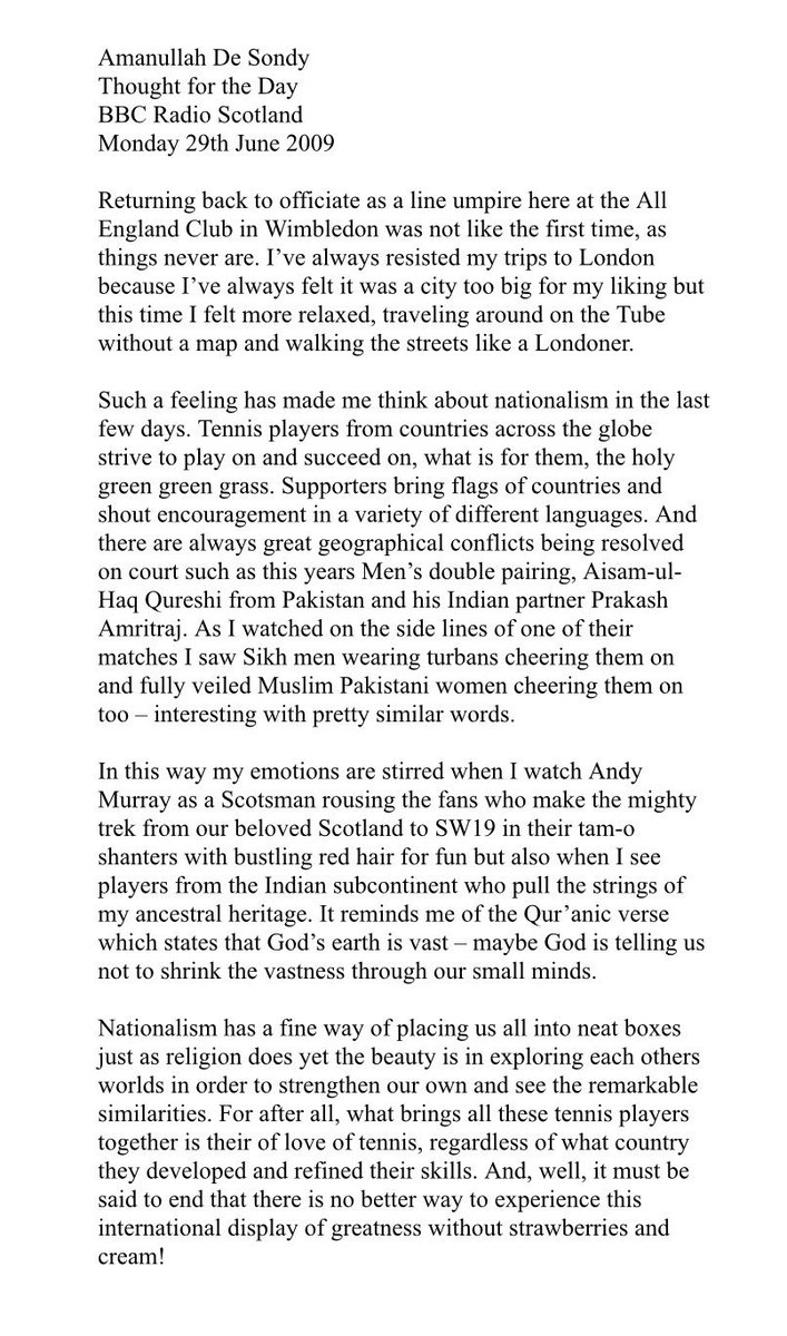 Whilst officiating as an Umpire at <a href="/Wimbledon/">Wimbledon</a> in 2008 and 2009, I broadcast live from the <a href="/BBC/">BBC</a> media box my ‘thought for the day’. A truly magnificent experience! The script of both are below. #Wimbledon #Tennis