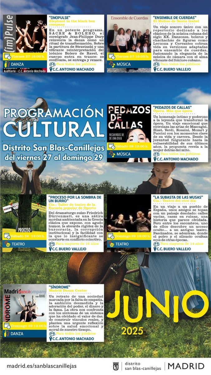 🎭🎼 Te mostramos la agenda cultural de #SanBlasCanillejas para que este fin de semana también puedas disfrutar del ocio y la cultura que albergan nuestros centros culturales 🏫

Lee el post completo en nuestro blog 👇
informate.madrid.es/gd4tb