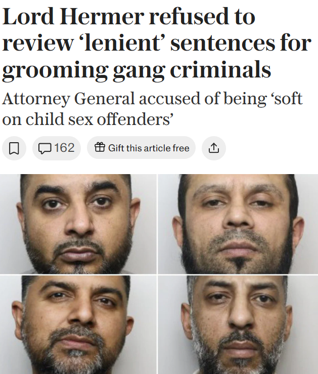 Lord Hermer says calling out two-tier justice is "disgusting".

I tell you what's disgusting...

Signing off on the prosecution of Lucy Connolly for a mean tweet and refusing to review 'unduly lenient' sentences for rape gang criminals.

This is two-tier justice.