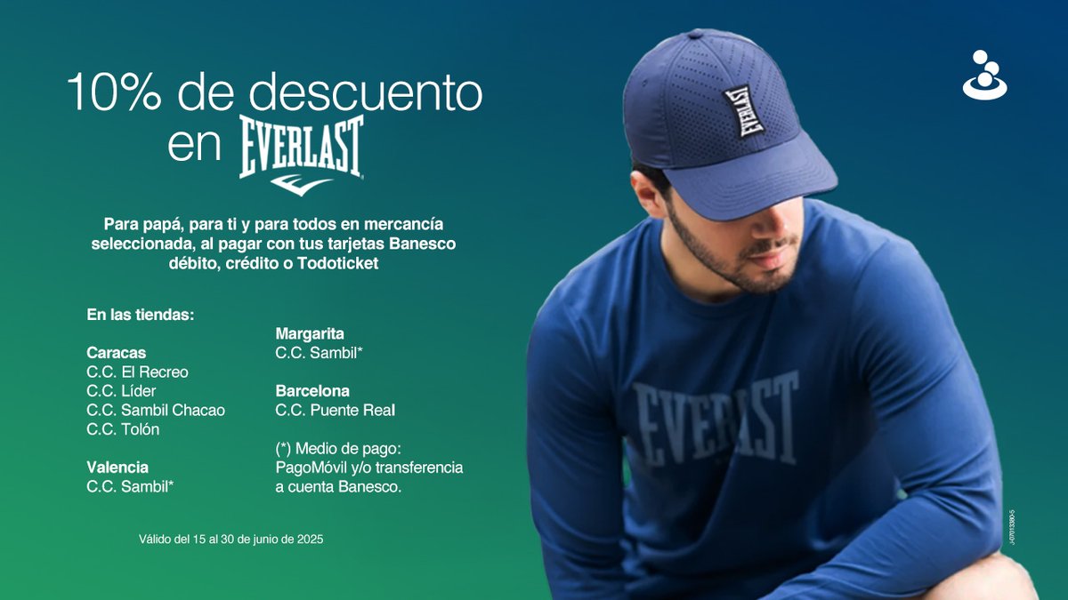 Banesco y <a href="/EverlastVzla/">EverlastVzla</a> se unen para darte un 10% de descuento. 🤩 

Paga con tus tarjetas Banesco (Débito y Crédito) 💳 o <a href="/Todoticketvzla/">Todoticket Venezuela</a> y equípate con los mejores artículos deportivos #Everlast

📌Válido del 15 al 30 de junio de 2025.

#BanescoContigo #AlianzasBanesco