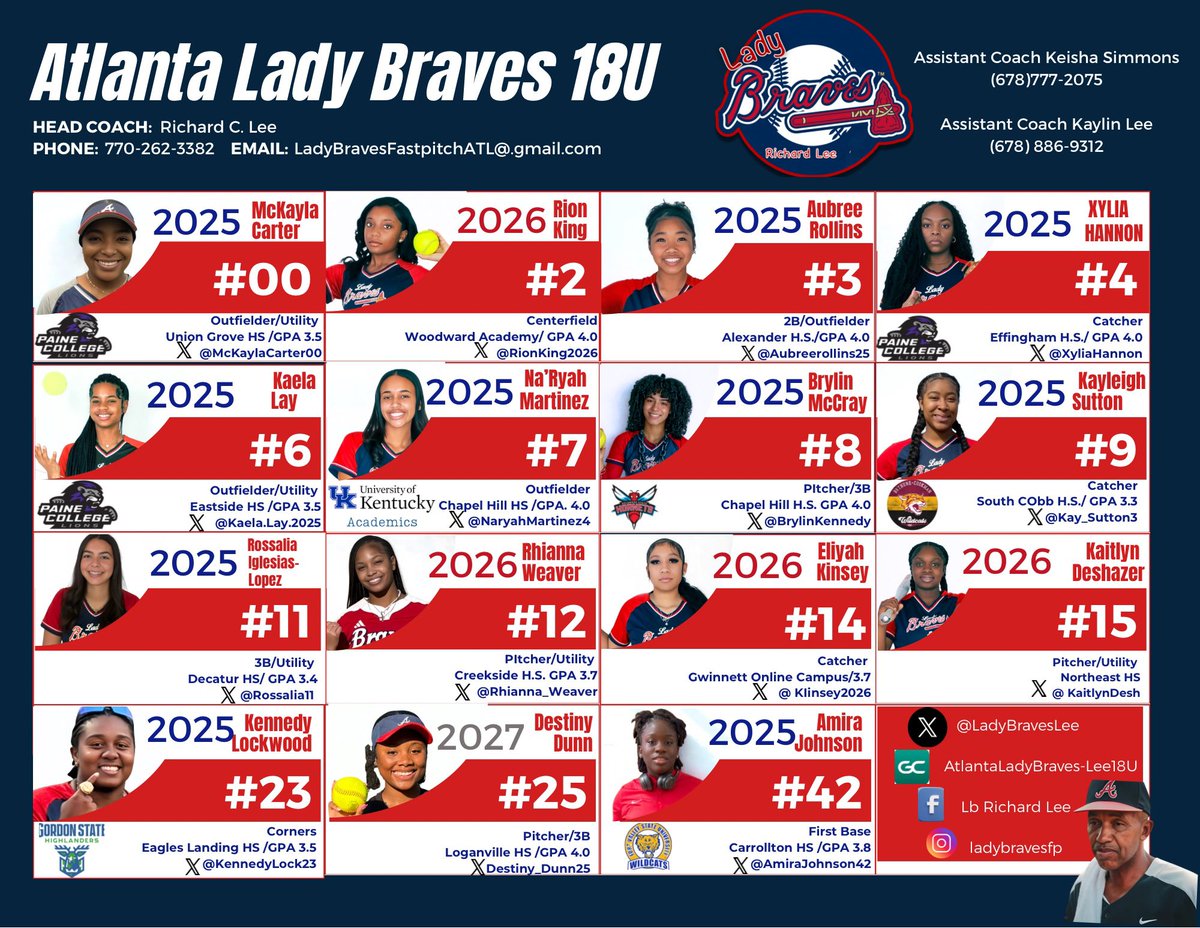 Atlanta Lady Braves 18u-Lee (@ladybraveslee) on Twitter photo This talented group will be at the Owl City Tournament this weekend. Come see us play! <a href="/Softball_Alley/">Softball Alley</a> <a href="/MSPtakeover/">Minority Softball Prospects</a> <a href="/commit2HBCU/">SHOWCASE HBCU</a> <a href="/HbcuepCamps/">HBCU Elite Prospect Camps</a> <a href="/TopPreps/">SPORTS NEWS, VIDEOS, GRAPHICS, EXPOSURE & MORE</a> <a href="/CoastRecruits/">Coast 2 Coast Recruits</a> <a href="/SoftballDown/">Down South Softball</a> This talented group will be at the Owl City Tournament this weekend. Come see us play! <a href="/Softball_Alley/">Softball Alley</a> <a href="/MSPtakeover/">Minority Softball Prospects</a> <a href="/commit2HBCU/">SHOWCASE HBCU</a> <a href="/HbcuepCamps/">HBCU Elite Prospect Camps</a> <a href="/TopPreps/">SPORTS NEWS, VIDEOS, GRAPHICS, EXPOSURE & MORE</a> <a href="/CoastRecruits/">Coast 2 Coast Recruits</a> <a href="/SoftballDown/">Down South Softball</a>