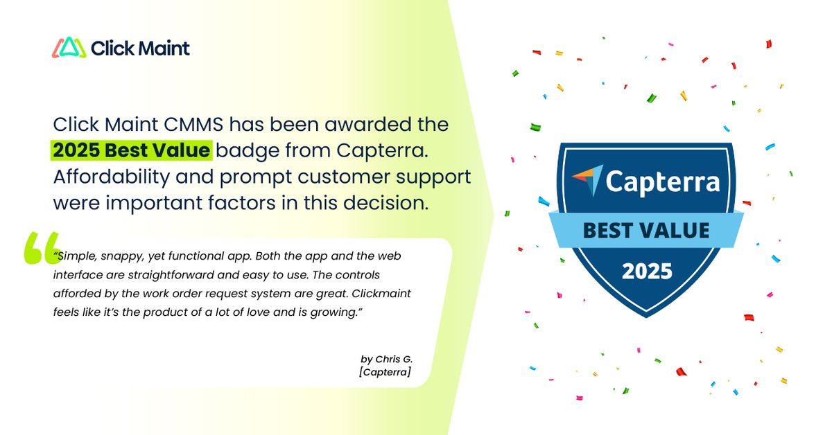 Click Maint CMMS just won Capterra’s Best Value award for 2025!
Affordable, intuitive, and backed by great support—exactly how CMMS should be.

#CMMS #BestValue #ClickMaint #Capterra #MaintenanceTools