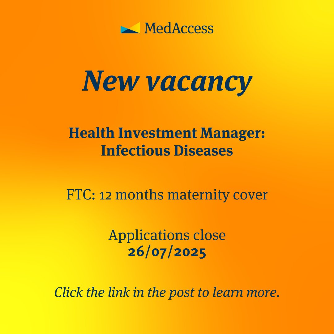 ✨ New job opportunity ✨

Health Investment Manager – Infectious Diseases

This maternity cover role is an exciting opportunity to further expand our work to tackle deadly diseases using innovative finance tools.

🔗 Find out more on our careers page: medaccess.org/careers/