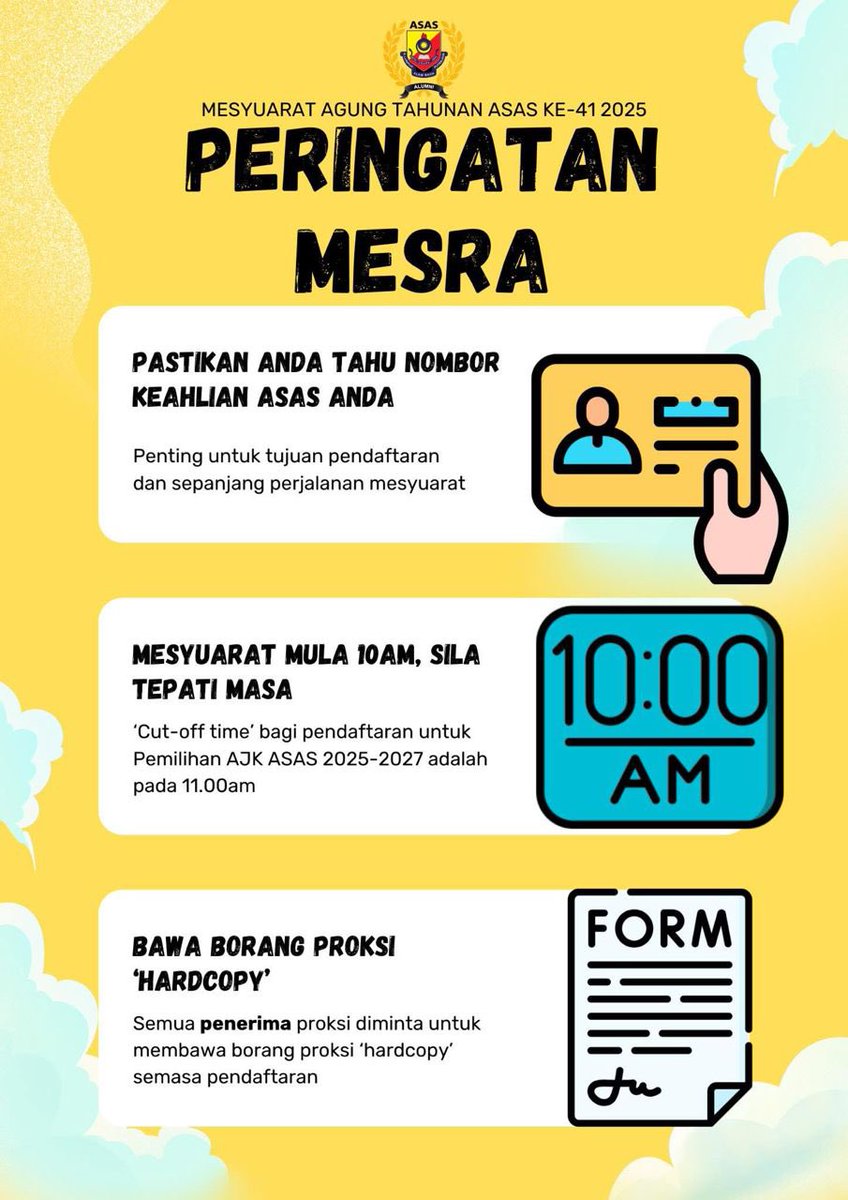 twt_ASAS's tweet photo. #AGMASAS41

Peringatan Mesra buat yang akan hadir ke AGM-41 ASAS esok hari.

Semakan keahlian ASAS boleh dibuat di:

https://t.co/TbKk49Bsoh

Auditorium SAS, 10:00am

Sebarang pertanyaan, bolehlah ditanyakan di ruang komen di bawah. https://t.co/50iwu4YfRW