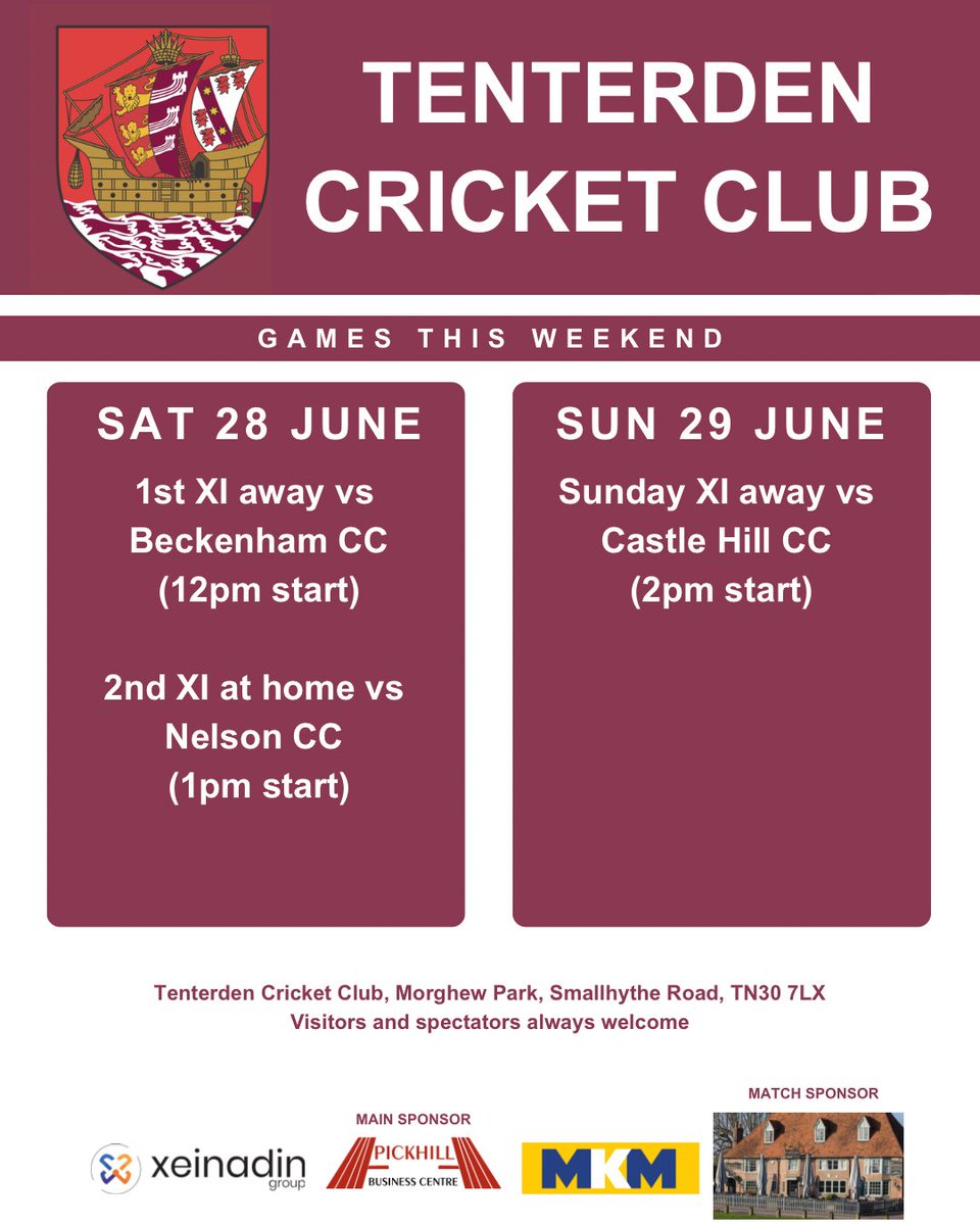 Tenterden CC (@tenterdencc1) on Twitter photo There are three games of cricket for you to enjoy this weekend. 🏏
Thanks as always to our main sponsor <a href="/PickhillBusCent/">Pickhill Business Centre</a> and this week our highlighted sponsor is Chequers on the Green. There are three games of cricket for you to enjoy this weekend. 🏏
Thanks as always to our main sponsor <a href="/PickhillBusCent/">Pickhill Business Centre</a> and this week our highlighted sponsor is Chequers on the Green.