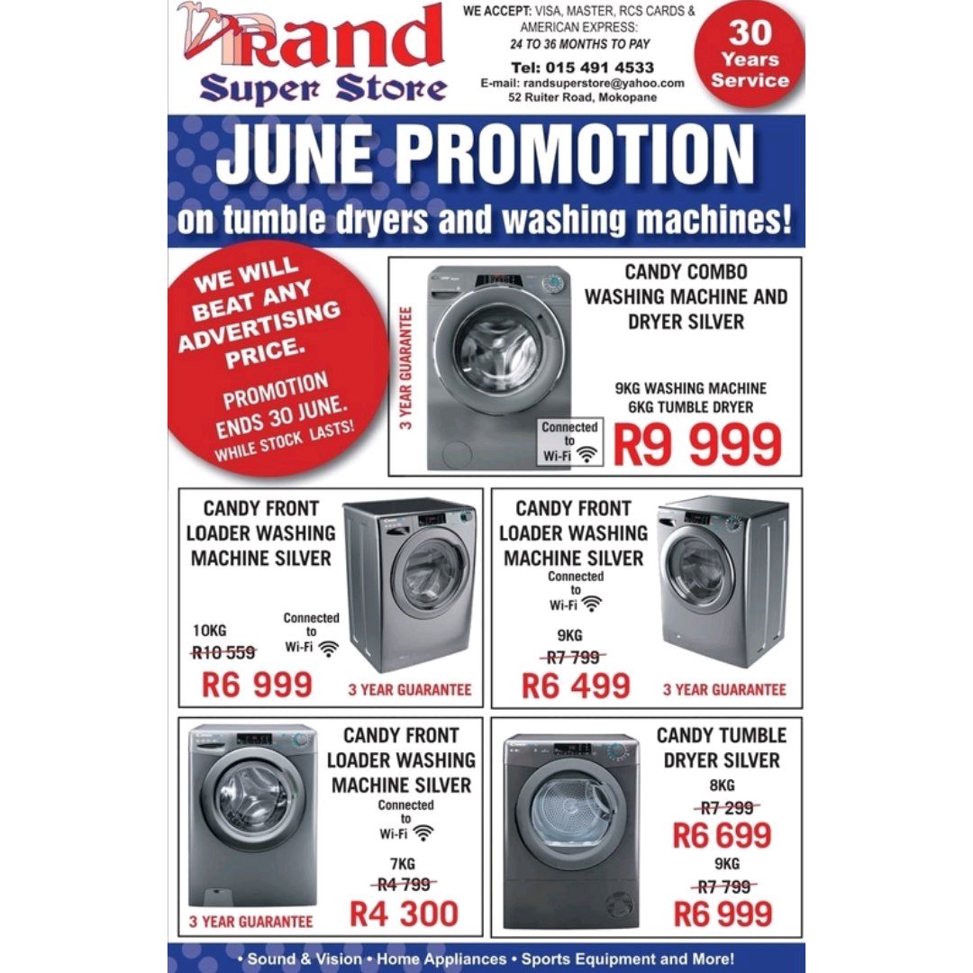Pages_Potties's tweet image. Upgrade your laundry game this June! 🌟 Grab incredible deals on Candy washers and dryers before June 30th! Don't wait—let's make clean a breeze! 🌀✨ #JunePromo #LaundryDay #SmartDeals #RandSuperStore #Mokopane