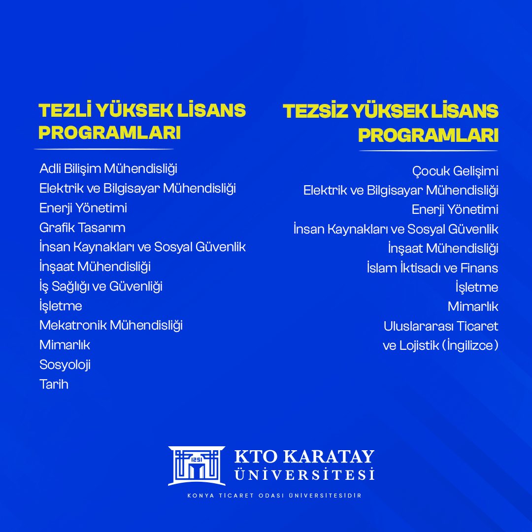 Yüksek Lisans Programlarında öğretmenlerimize özel %4️⃣0️⃣ indirim fırsatı KTO Karatay'da❗

Son başvuru tarihi: 1️⃣0️⃣ Ağustos 2️⃣0️⃣2️⃣5️⃣

📌 Ayrıntılı bilgi ve başvuru için:
👉 lisansustu.karatay.edu.tr