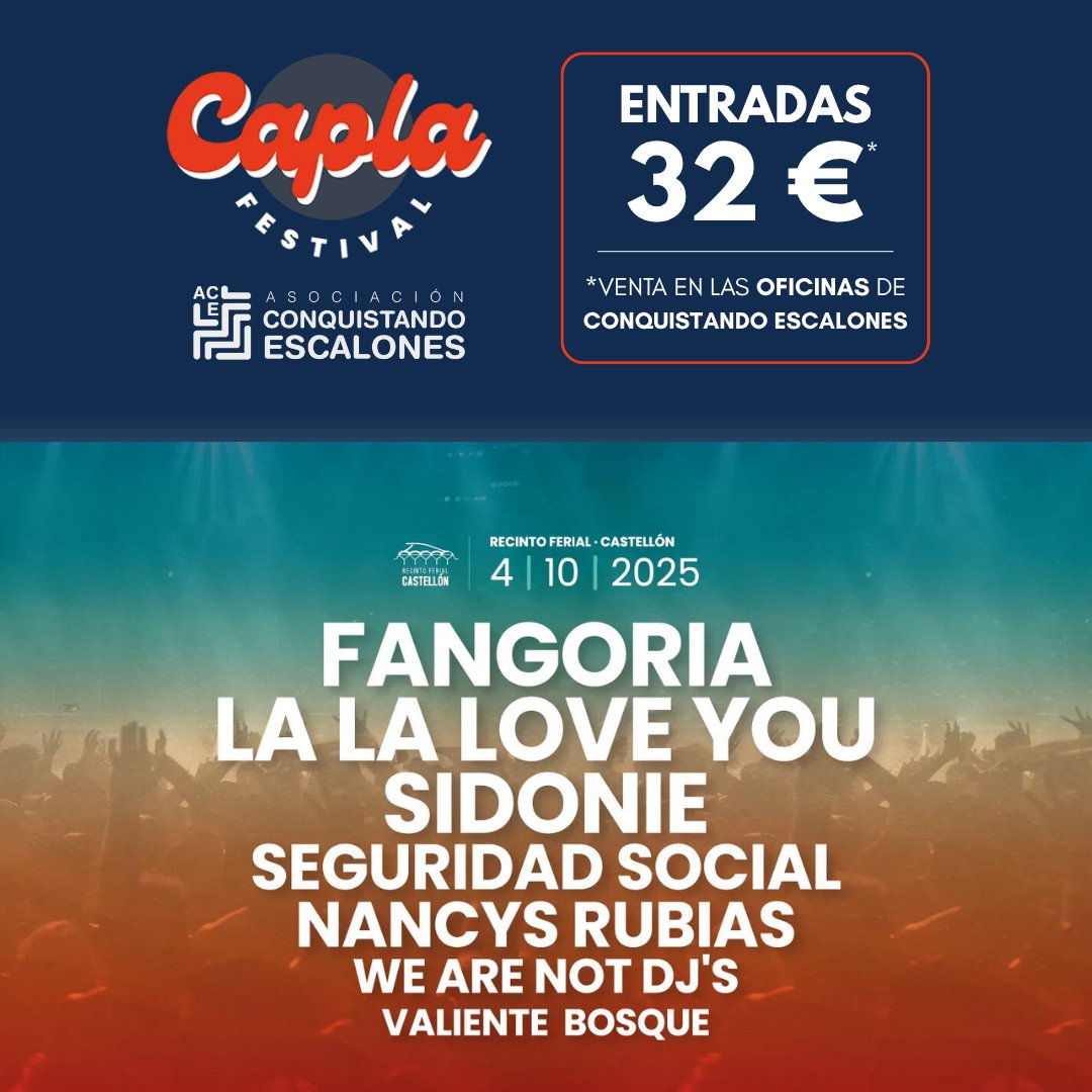 Asociación Conquistando Escalones (@acedistrofia) on Twitter photo ¡ENTRADAS LIMITADAS a 32 € para <a href="/Caplafestival/">Capla Festival</a>!🎶🎉
Consigue tus entradas en las oficinas de Conquistando Escalones y estarás apoyando la investigación de la Distrofia Muscular LGMDD2 y el VIH.
📍Centre Efecte (Vila-real)
📞646 040 968
Más info aquí: conquistandoescalones.org/2025/06/entrad… ¡ENTRADAS LIMITADAS a 32 € para <a href="/Caplafestival/">Capla Festival</a>!🎶🎉
Consigue tus entradas en las oficinas de Conquistando Escalones y estarás apoyando la investigación de la Distrofia Muscular LGMDD2 y el VIH.
📍Centre Efecte (Vila-real)
📞646 040 968
Más info aquí: conquistandoescalones.org/2025/06/entrad…