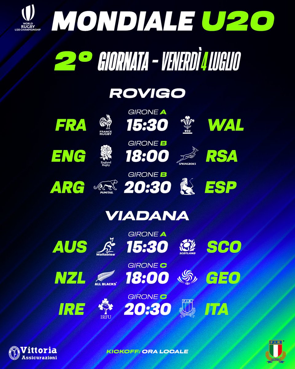 Il programma della seconda giornata del #WorldRugbyU20 2025 👇

#ItalrugbyU20
#insieme #rugbypassioneitaliana

🎟️ @ticketone.it 
📺 <a href="/RaiSport/">RaiSport</a> ▪️ <a href="/SkySport/">skysport</a> ▪️ <a href="/TheRugbyChannel/">The Rugby Channel</a>
