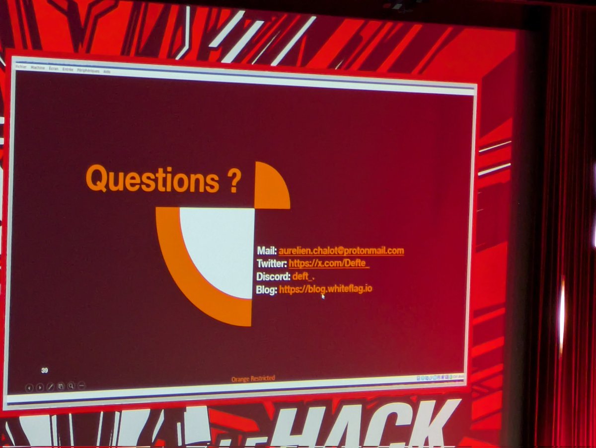 Vinssos's tweet photo. @OrangeCyberFR @_leHACK_ @citedessciences @Defte_ @d3lb3_ Merci pour le talk. Très intéressant ! https://t.co/Iuf5iFMlw1
