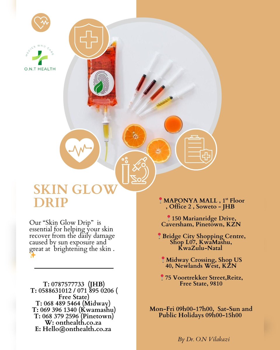 MedicsWhoCare's tweet image. Our “Skin Glow Drip” is essential for helping your skin recover from the daily damage caused by sun exposure and great at brightening the skin . ✨️
Available at all our practices from R950.
By Dr.O.N Vilakazi @OlwethuVilakazi